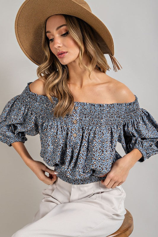 Animal Print Smocked Off Shoulder Top - Online Only