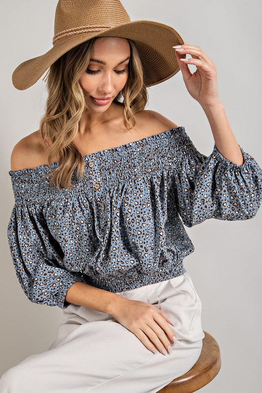 Animal Print Smocked Off Shoulder Top - Online Only