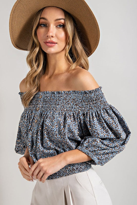 Animal Print Smocked Off Shoulder Top - Online Only