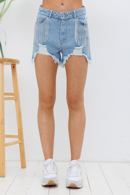 Blue B Frayed Rhinestone Denim Shorts - Online Only