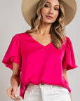 eesome V-Neck Puff Sleeve Blouse Top