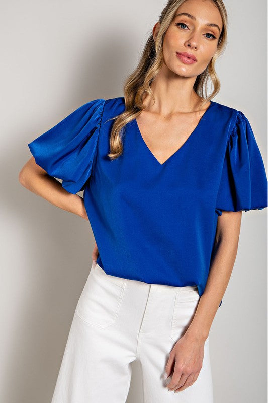 eesome V-Neck Puff Sleeve Blouse Top