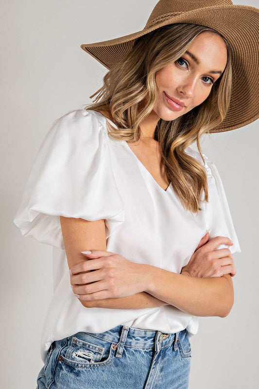 eesome V-Neck Puff Sleeve Blouse Top