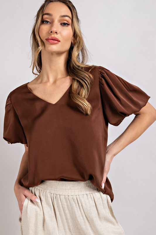 eesome V-Neck Puff Sleeve Blouse Top