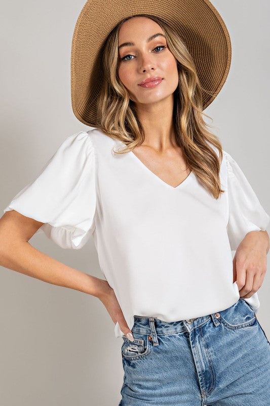 eesome V-Neck Puff Sleeve Blouse Top