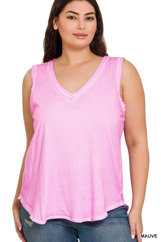 Zenana Plus Washed Raw Edge V-Neck Top - Online Only