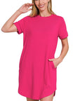 Zenana Rolled Short Sleeve Round Neck Dress - My Pampered Life Seattle