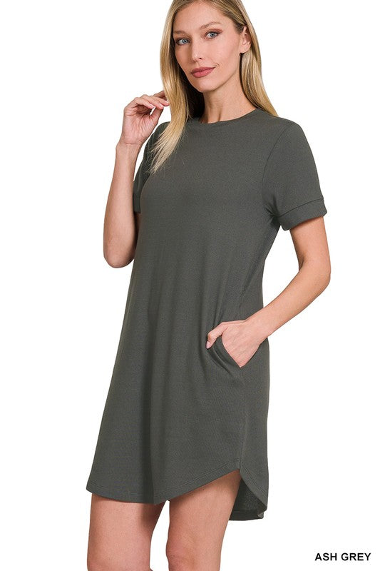 Zenana Rolled Short Sleeve Round Neck Dress