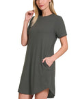 Zenana Rolled Short Sleeve Round Neck Dress - My Pampered Life Seattle