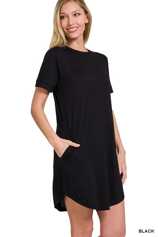 Zenana Rolled Short Sleeve Round Neck Dress