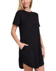 Zenana Rolled Short Sleeve Round Neck Dress - My Pampered Life Seattle