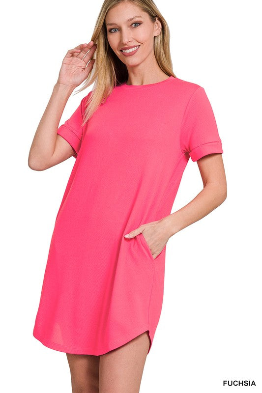 Zenana Rolled Short Sleeve Round Neck Dress