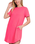 Zenana Rolled Short Sleeve Round Neck Dress - My Pampered Life Seattle