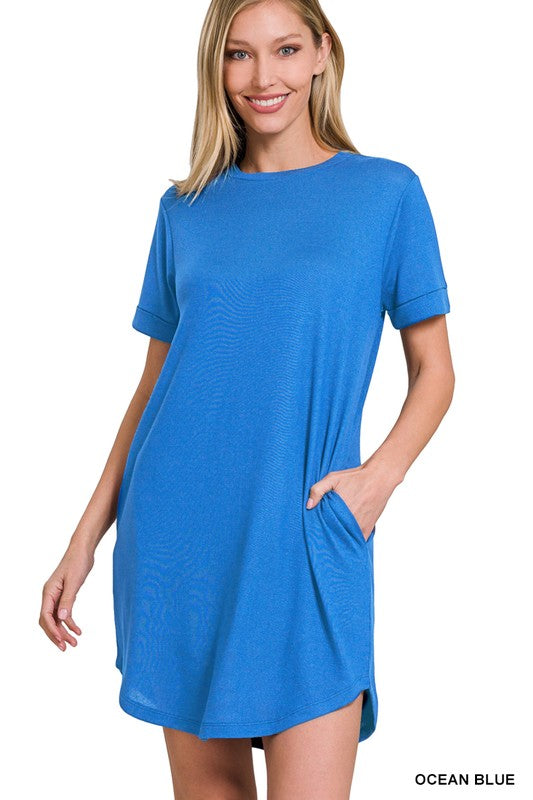 Zenana Rolled Short Sleeve Round Neck Dress