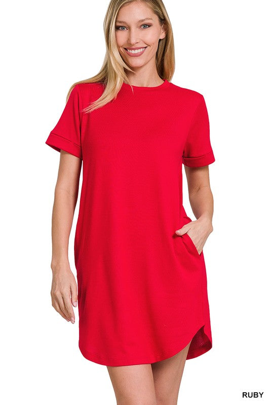 Zenana Rolled Short Sleeve Round Neck Dress