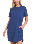 Zenana Rolled Short Sleeve Round Neck Dress - My Pampered Life Seattle