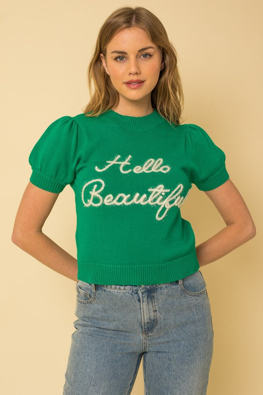 Gilli Hello Beautiful Short Sleeve Sweater Top