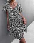 Floral Short Sleeve V Neck Midi Length Dress