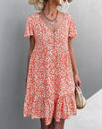 Floral Short Sleeve V Neck Midi Length Dress