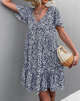 Floral Short Sleeve V Neck Midi Length Dress