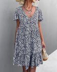 Floral Short Sleeve V Neck Midi Length Dress