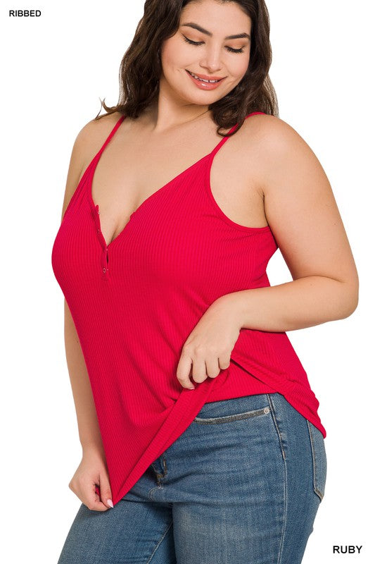 Zenana Plus Ribbed Half Snap Cami Top