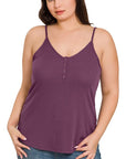 Zenana Plus Ribbed Half Snap Cami Top - Online Only