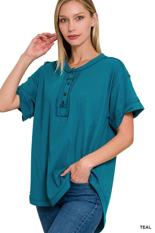 Zenana Raw Edge Detailed Button Closure Short Sleeve Top - Online Only