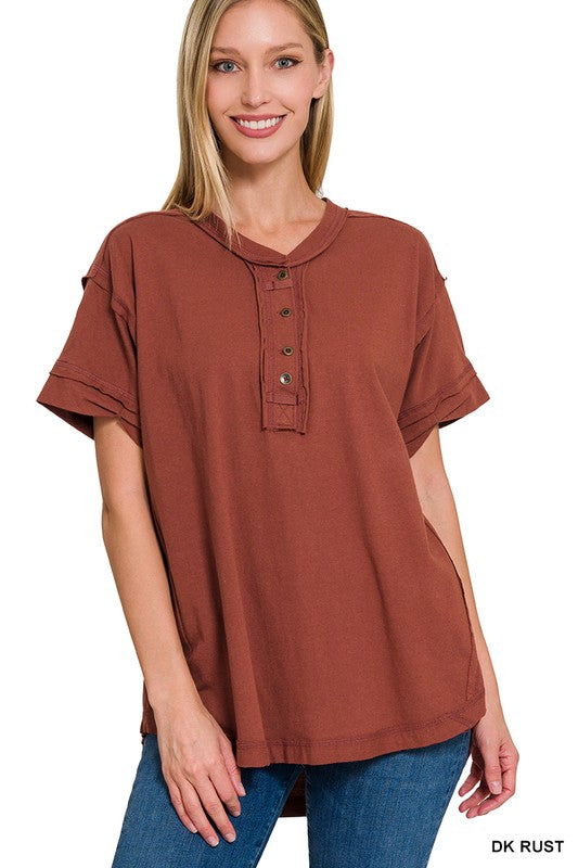 Zenana Raw Edge Detailed Button Closure Short Sleeve Top - Online Only