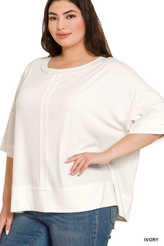 Zenana Plus Rib Boat Neck Dolman Sleeve Top w Front Seam