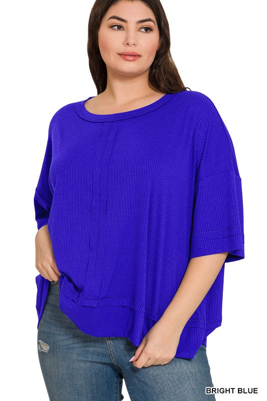 Zenana Plus Rib Boat Neck Dolman Sleeve Top w Front Seam