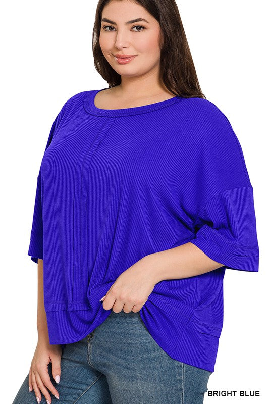 Zenana Plus Rib Boat Neck Dolman Sleeve Top w Front Seam