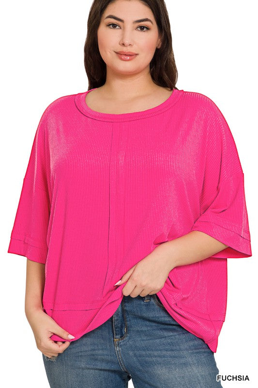 Zenana Plus Rib Boat Neck Dolman Sleeve Top w Front Seam