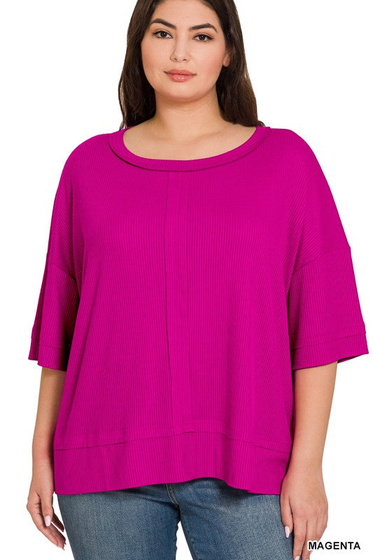 Zenana Plus Rib Boat Neck Dolman Sleeve Top w Front Seam