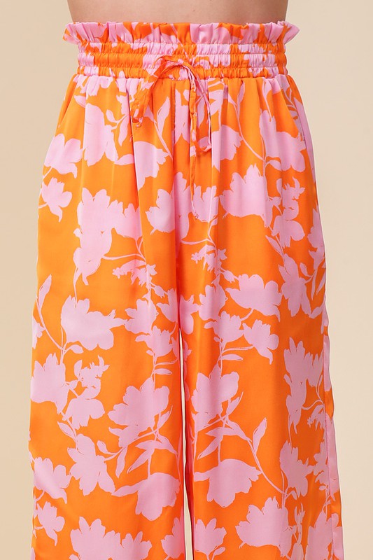 Lumiere Tropical Print Wide Pants With Self Tie Drawstring