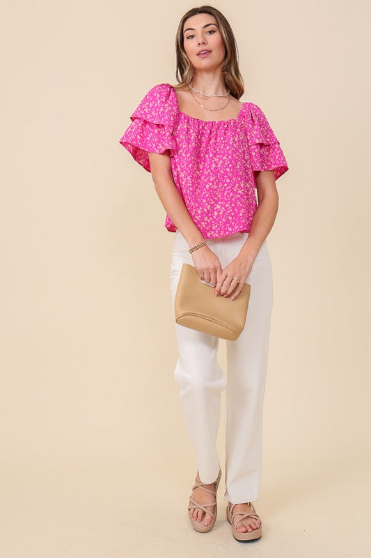 Lumiere Smocked Square Neck Floral Blouse