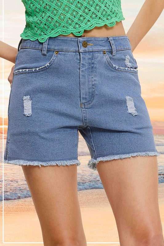 La Miel Casual Washed Denim Shorts with Pockets