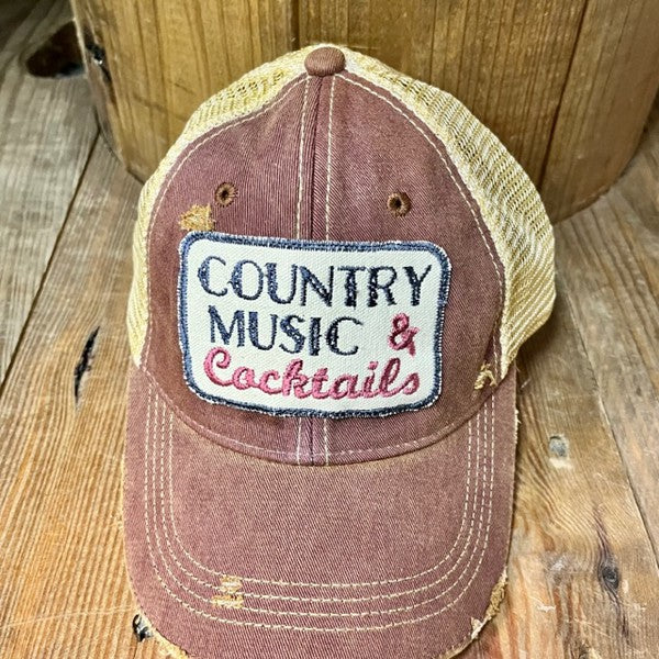 Country Music & Cocktails Distressed Trucker Cap | Trucker Cap | Baseball  Hat | Drinking | Patch Hat | Unisex | Country Music | BEST SELLER