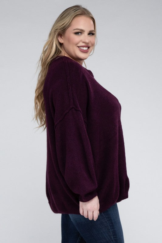 Zenana Plus Oversized Round Neck Raw Seam Melange Sweater