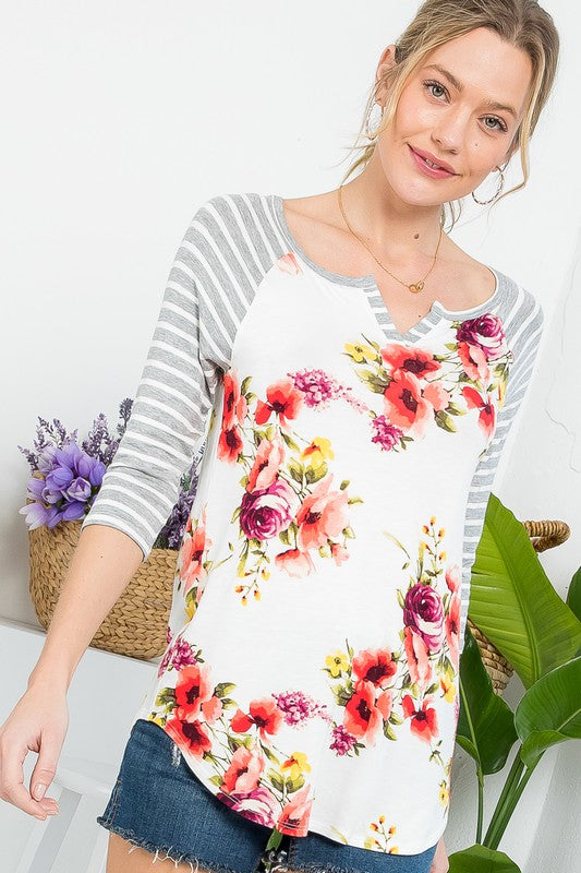 Plus Floral Mixed Henley Top - Online Only