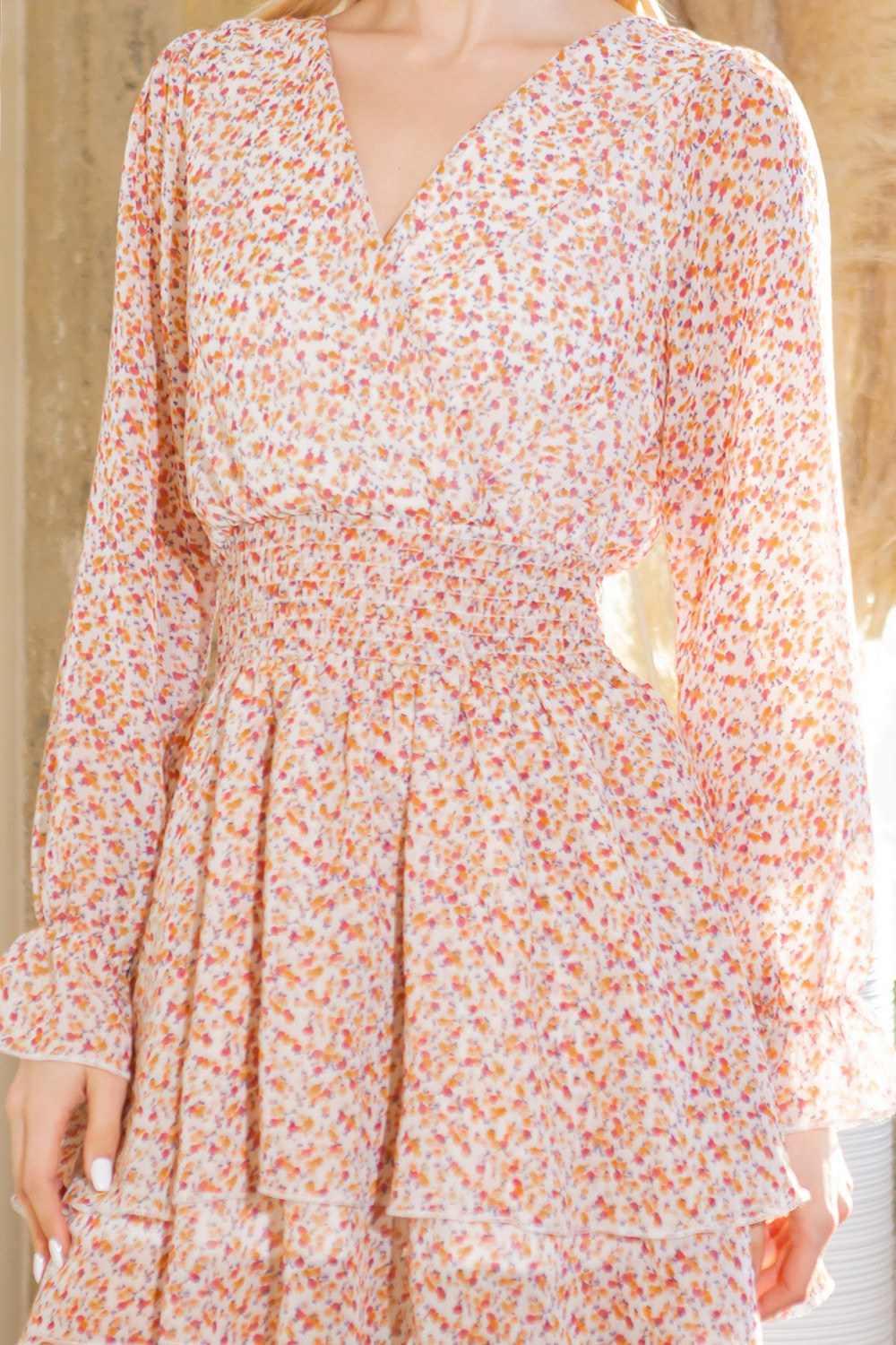 Floral Wrap Tiered Dress — Puff Sleeve Prairie Mini Dress