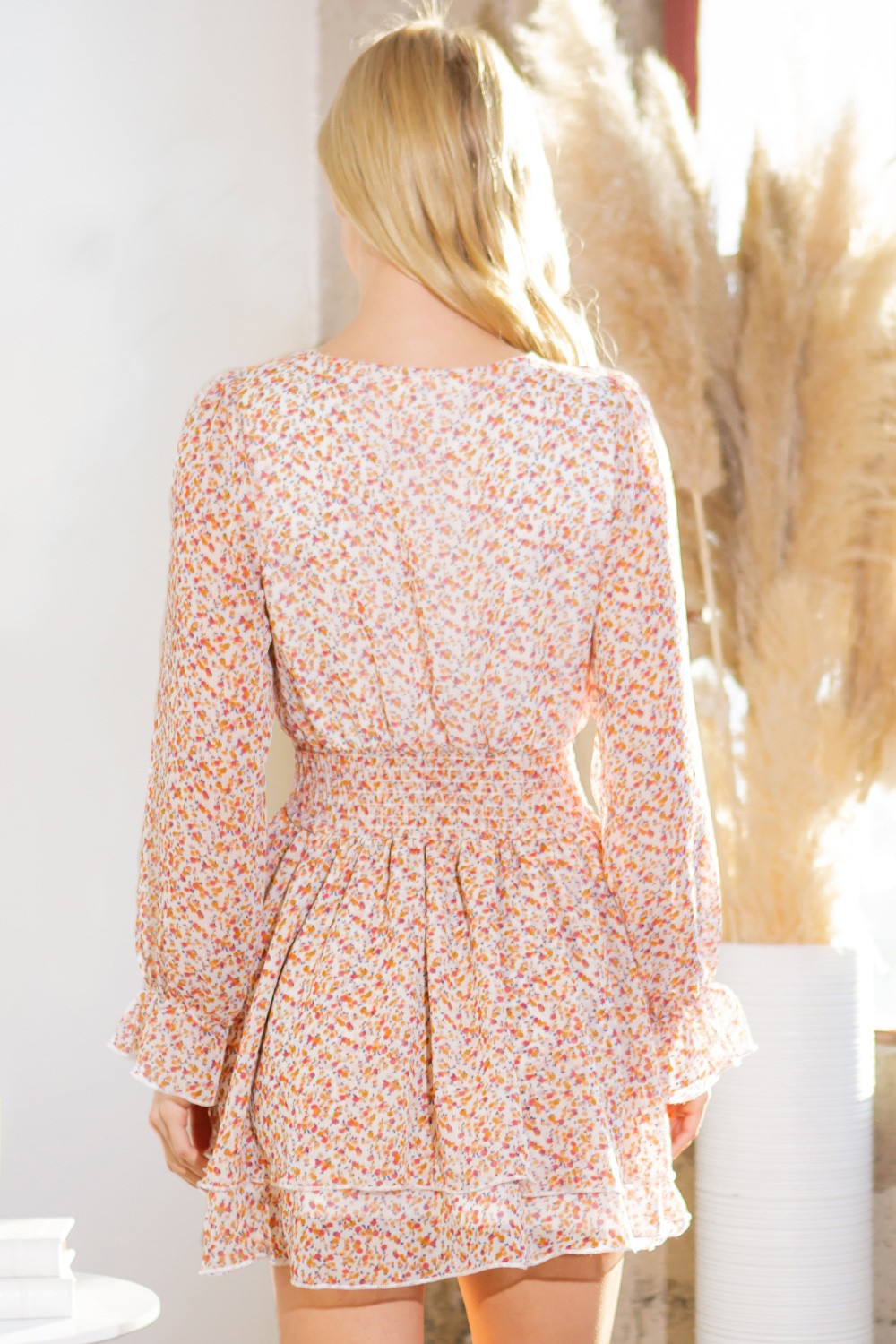 Floral Wrap Tiered Dress — Puff Sleeve Prairie Mini Dress