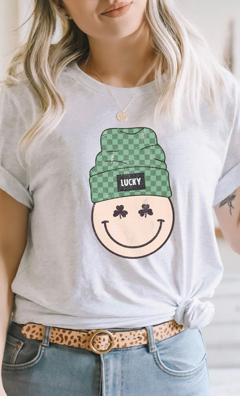 Lucky Clover Smiley with Beanie Graphic Tee