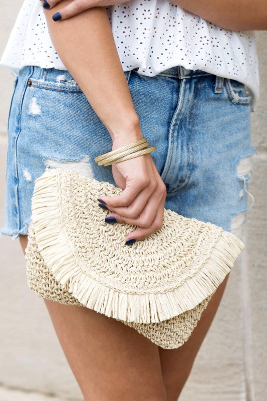 Frayed Fold-over Straw Clutch - Online Only