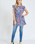 Ruffle Floral Leaf Woven Tunic Top