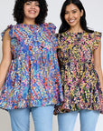 Ruffle Floral Leaf Woven Tunic Top