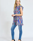 Ruffle Floral Leaf Woven Tunic Top