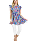 Ruffle Floral Leaf Woven Tunic Top