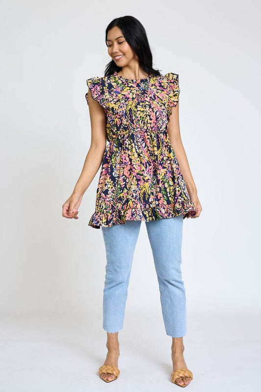 Ruffle Floral Leaf Woven Tunic Top