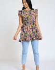 Ruffle Floral Leaf Woven Tunic Top